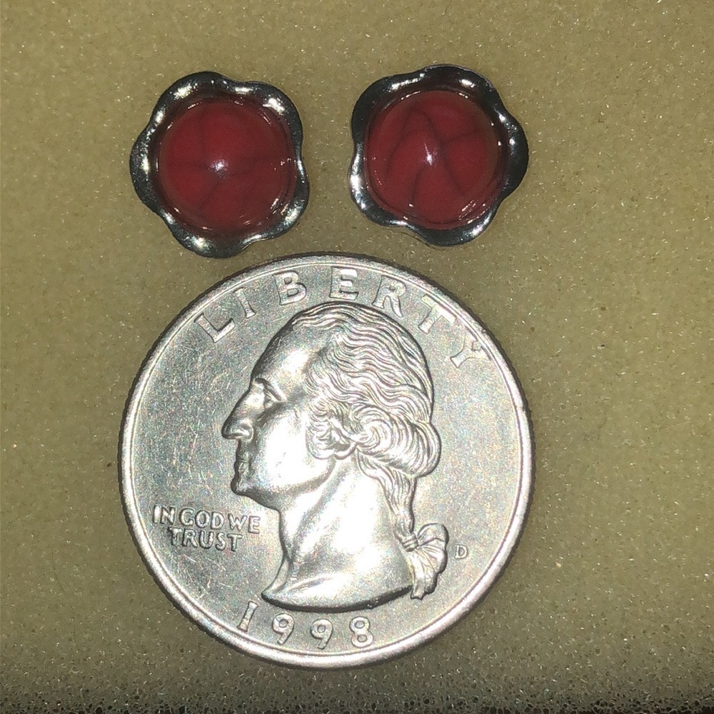 Red and Silver Tone Dainty Boho Stud Earrings - Picture 4 of 4